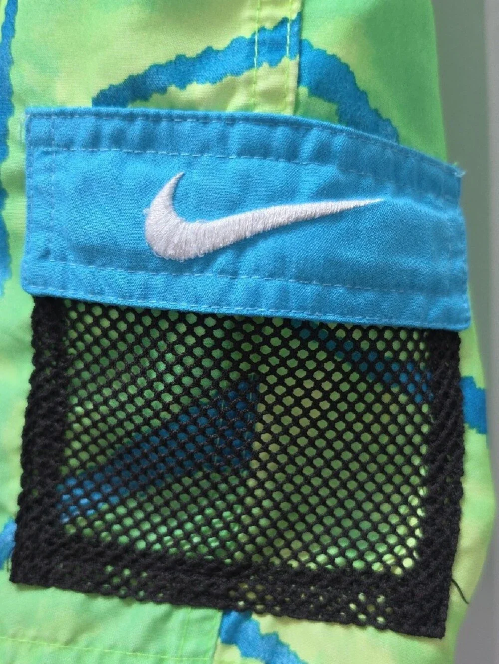 Nike Neon Green Swim Trunks with Blue Swoosh Print